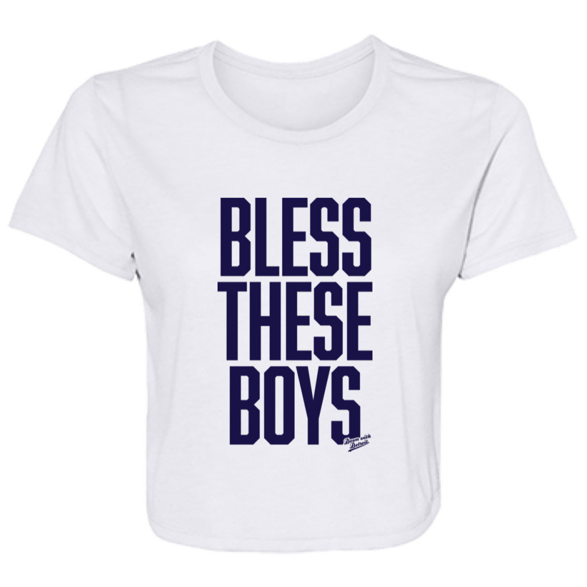 Bless These Boys Block Font - Navy Women's Flowy Cropped T-Shirt