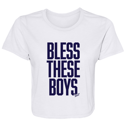 Bless These Boys Block Font - Navy Women's Flowy Cropped T-Shirt
