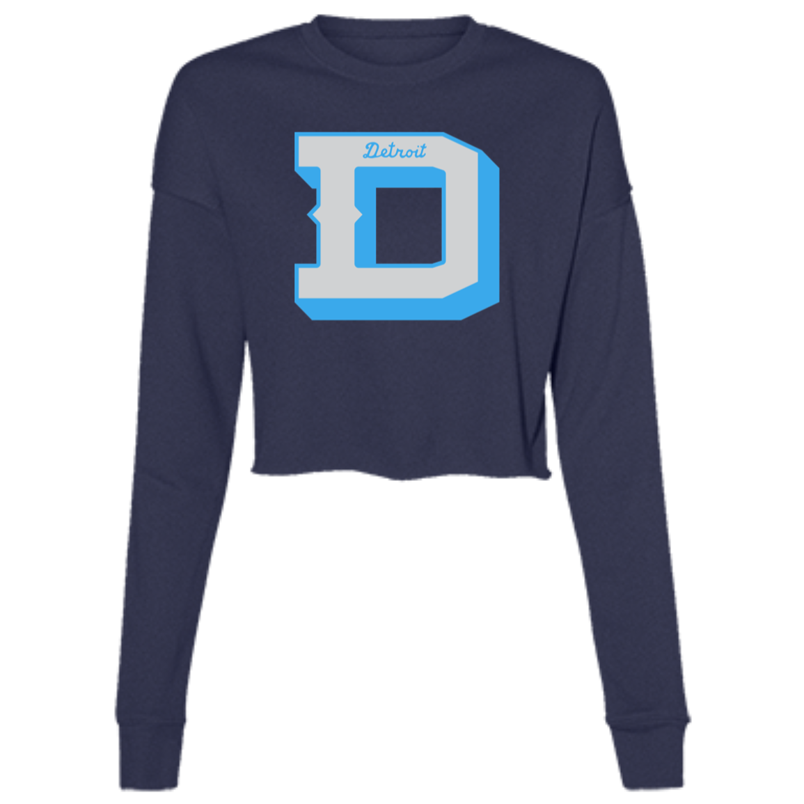 Detroit Football D - Silver + Light Blue Women's Cropped Crewneck Sweatshirt