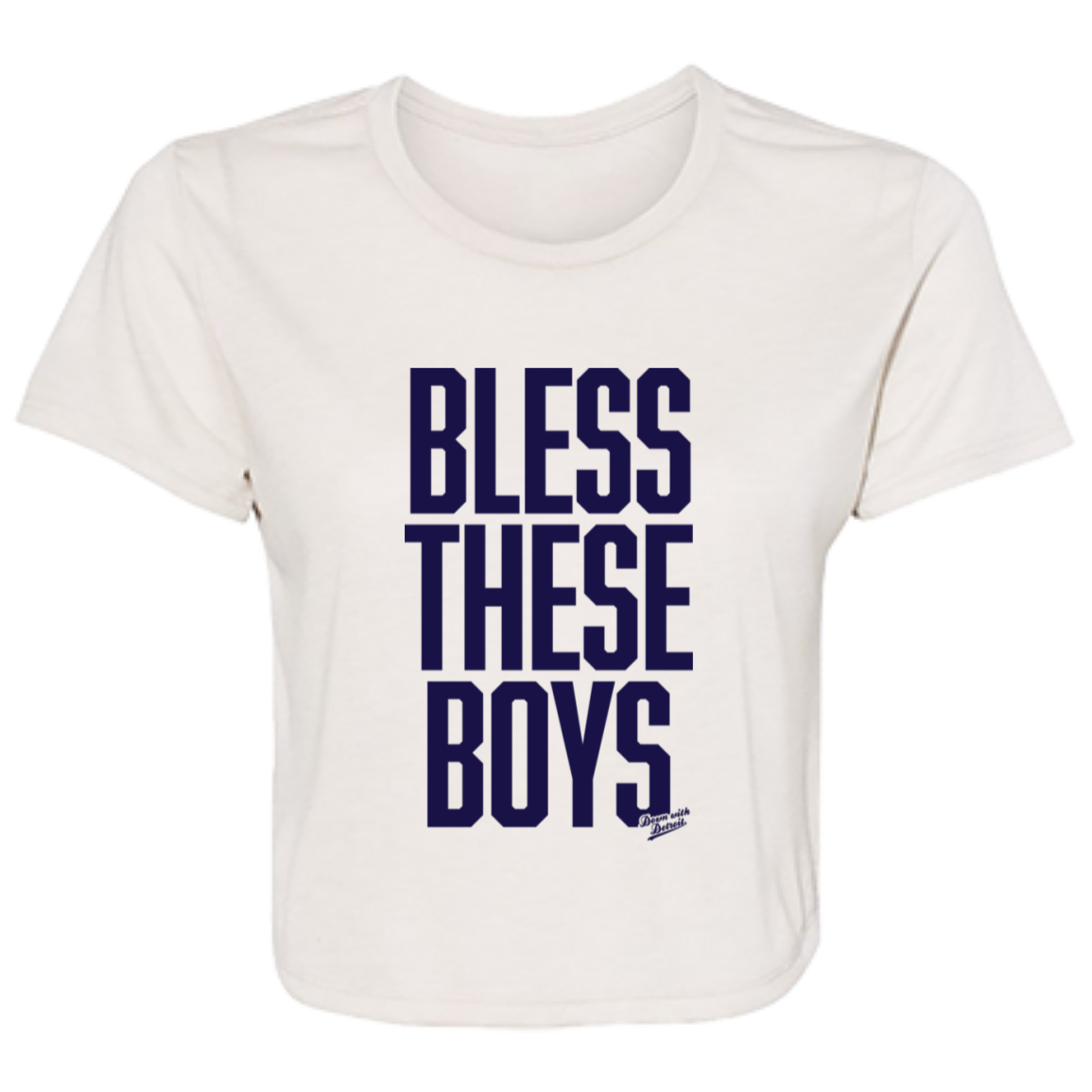 Bless These Boys Block Font - Navy Women's Flowy Cropped T-Shirt