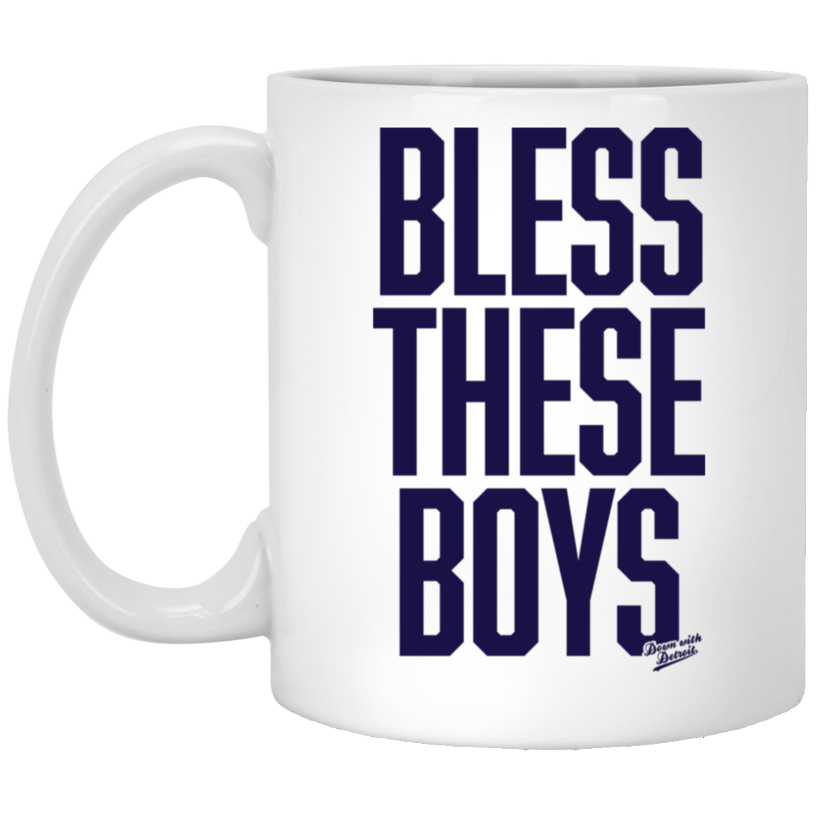 Bless These Boys Block Font - Navy White Mug