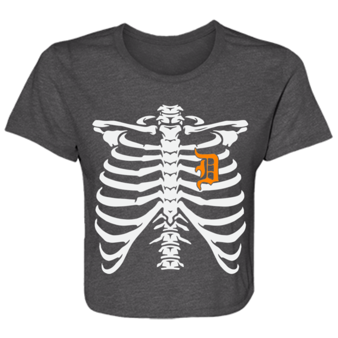 Detroit Heart Skeleton - White Orange Women's Flowy Cropped T-Shirt