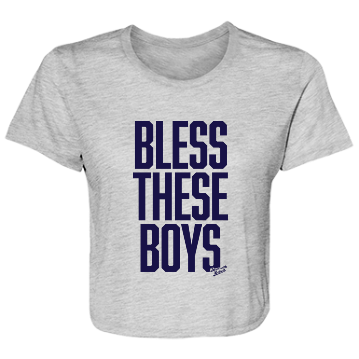 Bless These Boys Block Font - Navy Women's Flowy Cropped T-Shirt